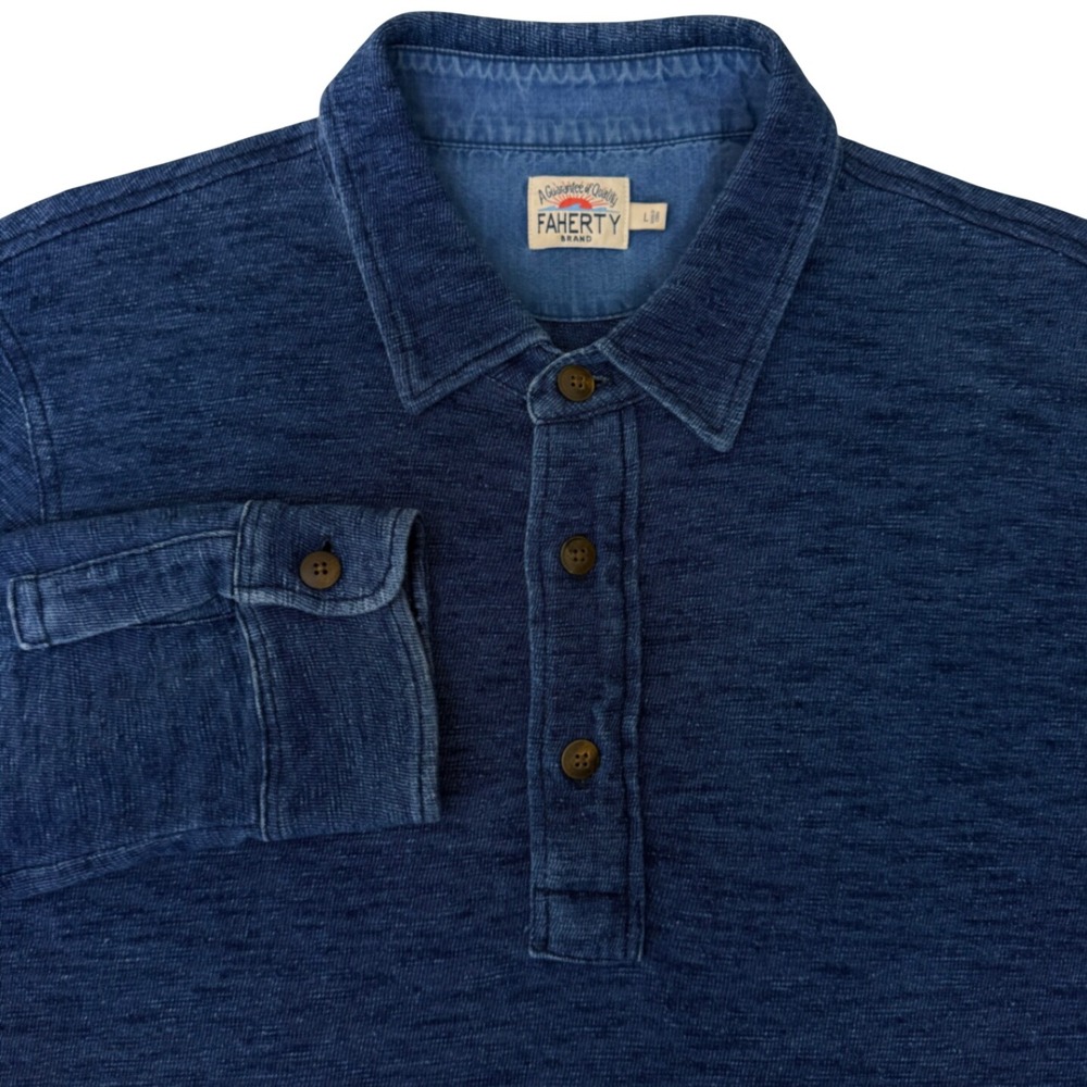 Faherty Brand Polo Shirt Mens Large Blue Long Sleeve Slub Knit Indigo Casual